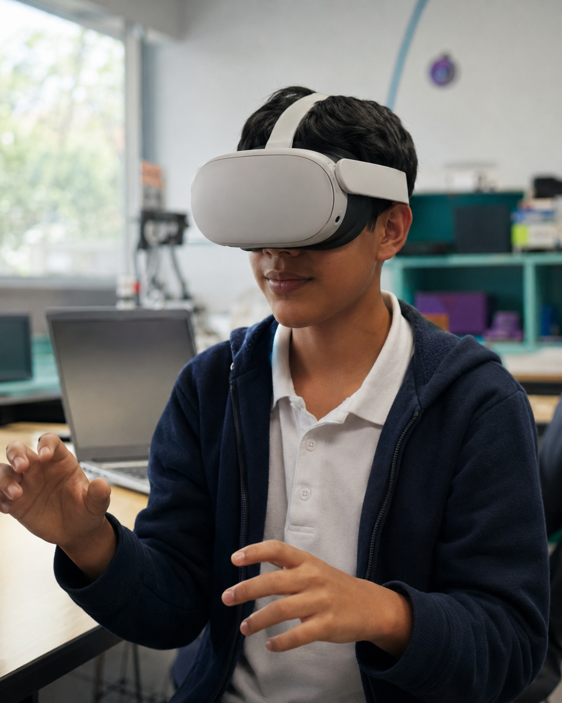 Estudiante concentrado durante una experiencia educativa de realidad virtual